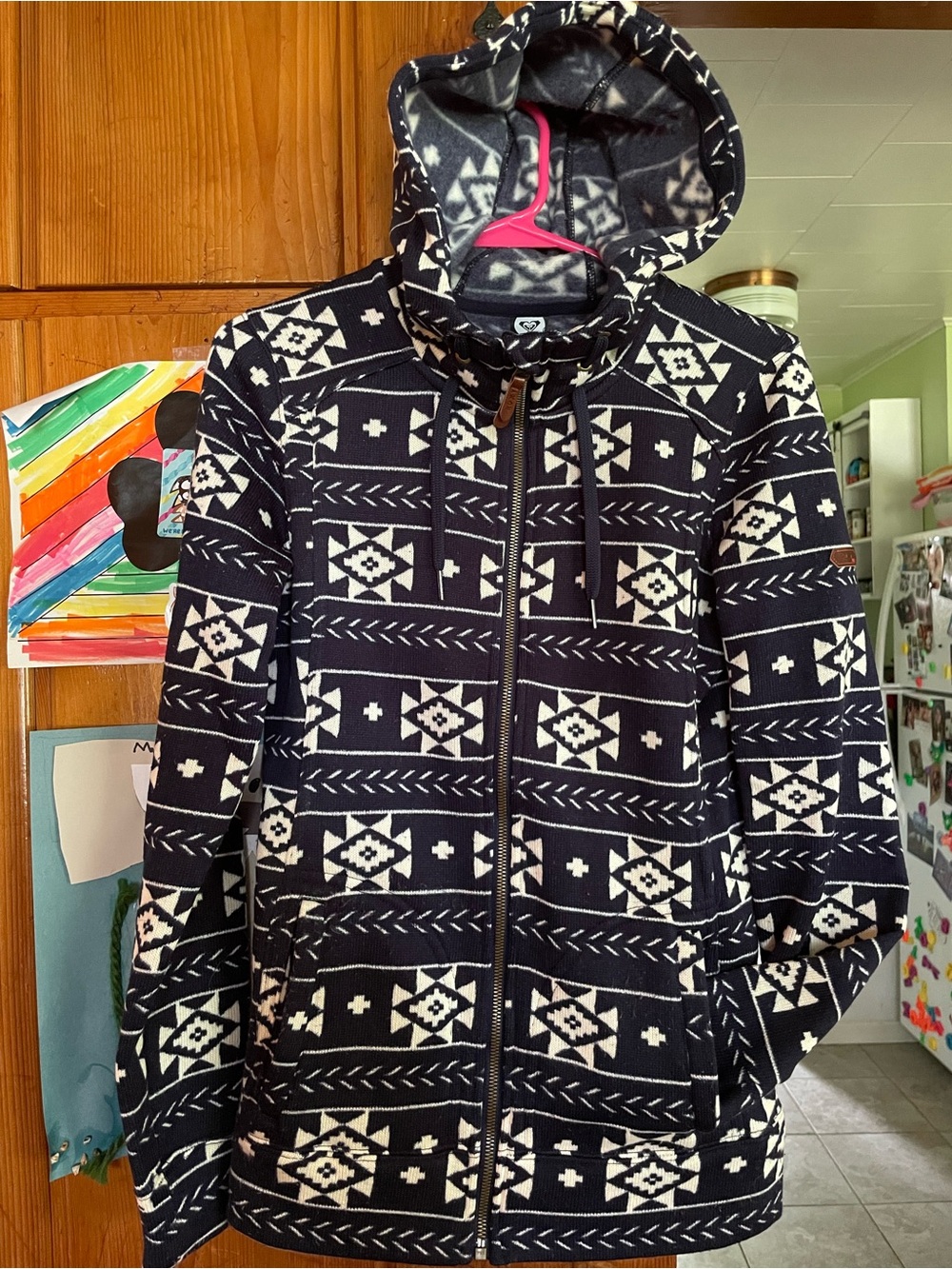Roxy Navy Blue and White Aztec Zip-Up Hooded Fleece Jacket